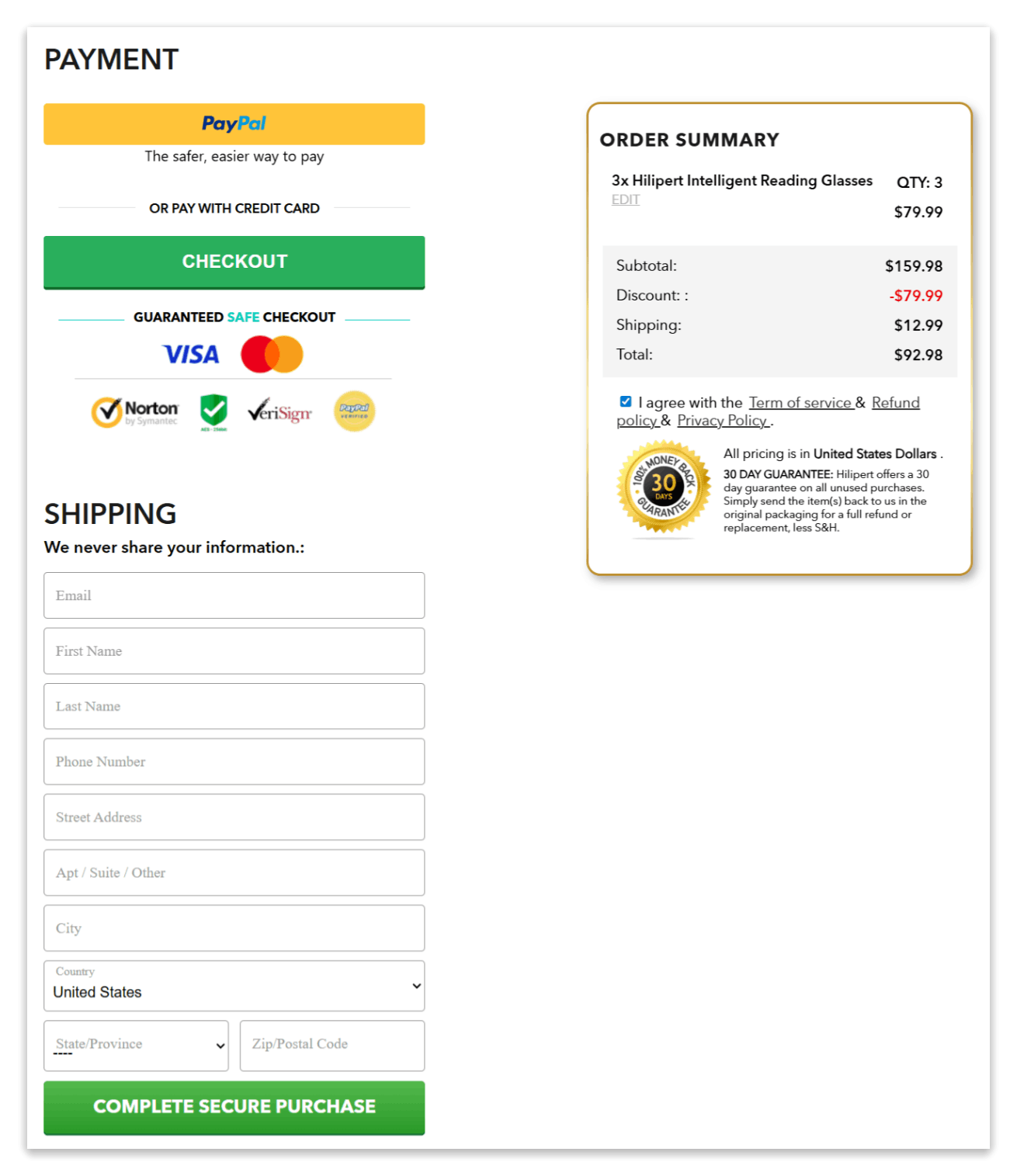Hilipert Reading Glasses secure checkout page